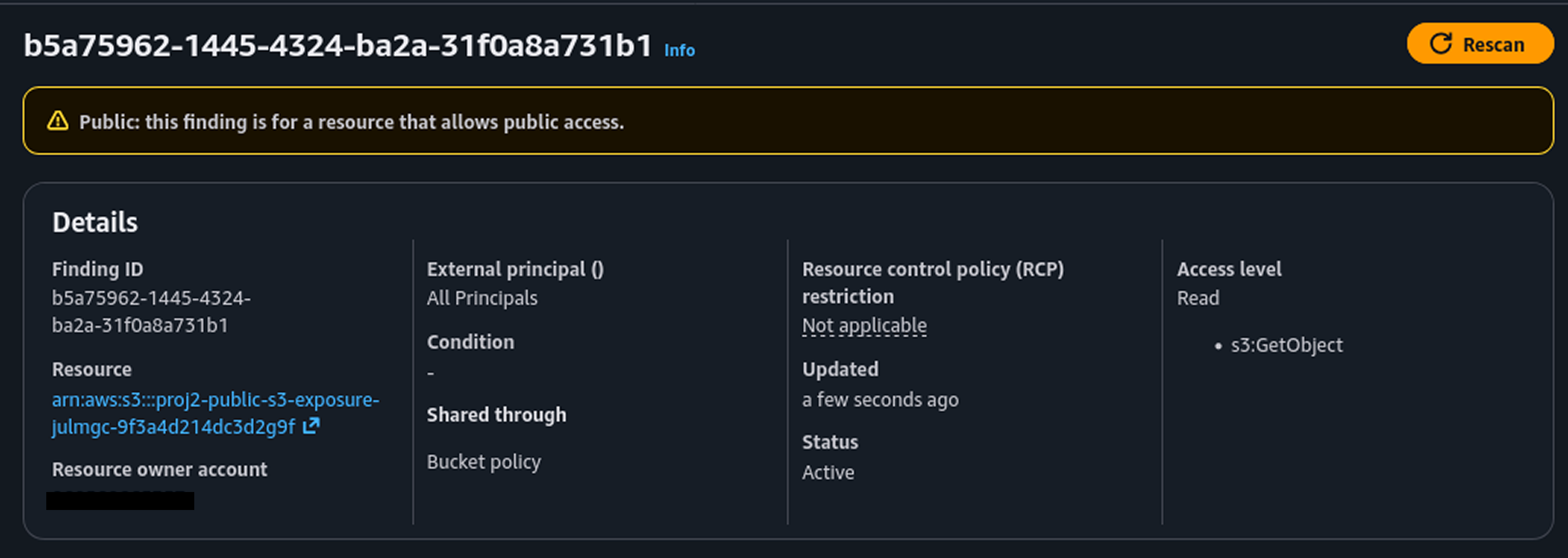 IAM Access Analyzer finding showing public S3 exposure