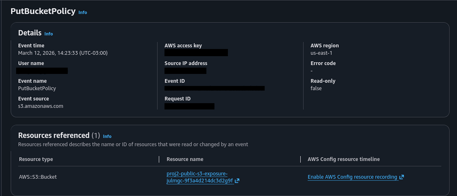 CloudTrail evidence of the S3 bucket policy change